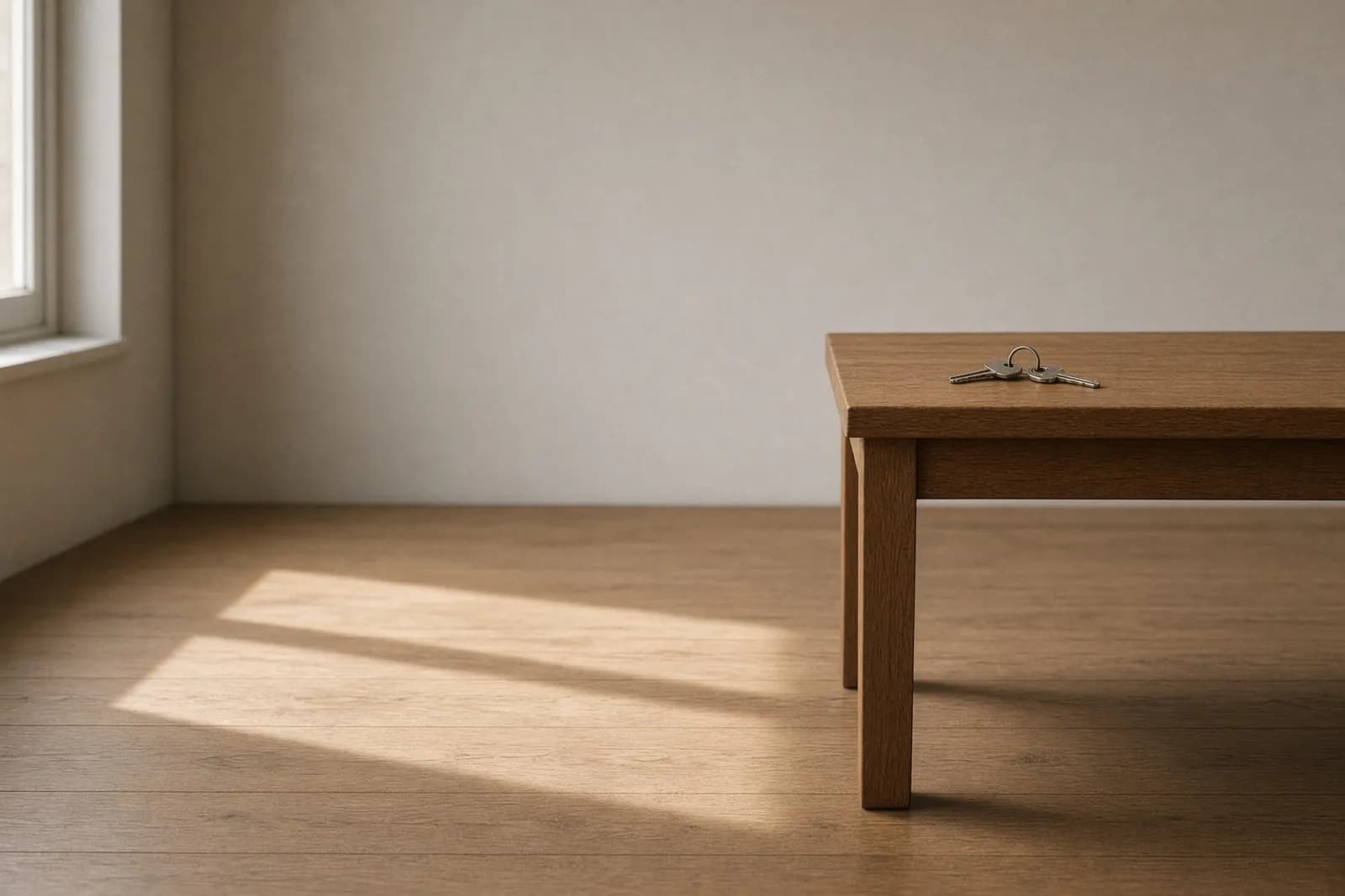 Two keys left on a hall table, one on a separate ring, late-morning light from a side window across a bare wooden floor.