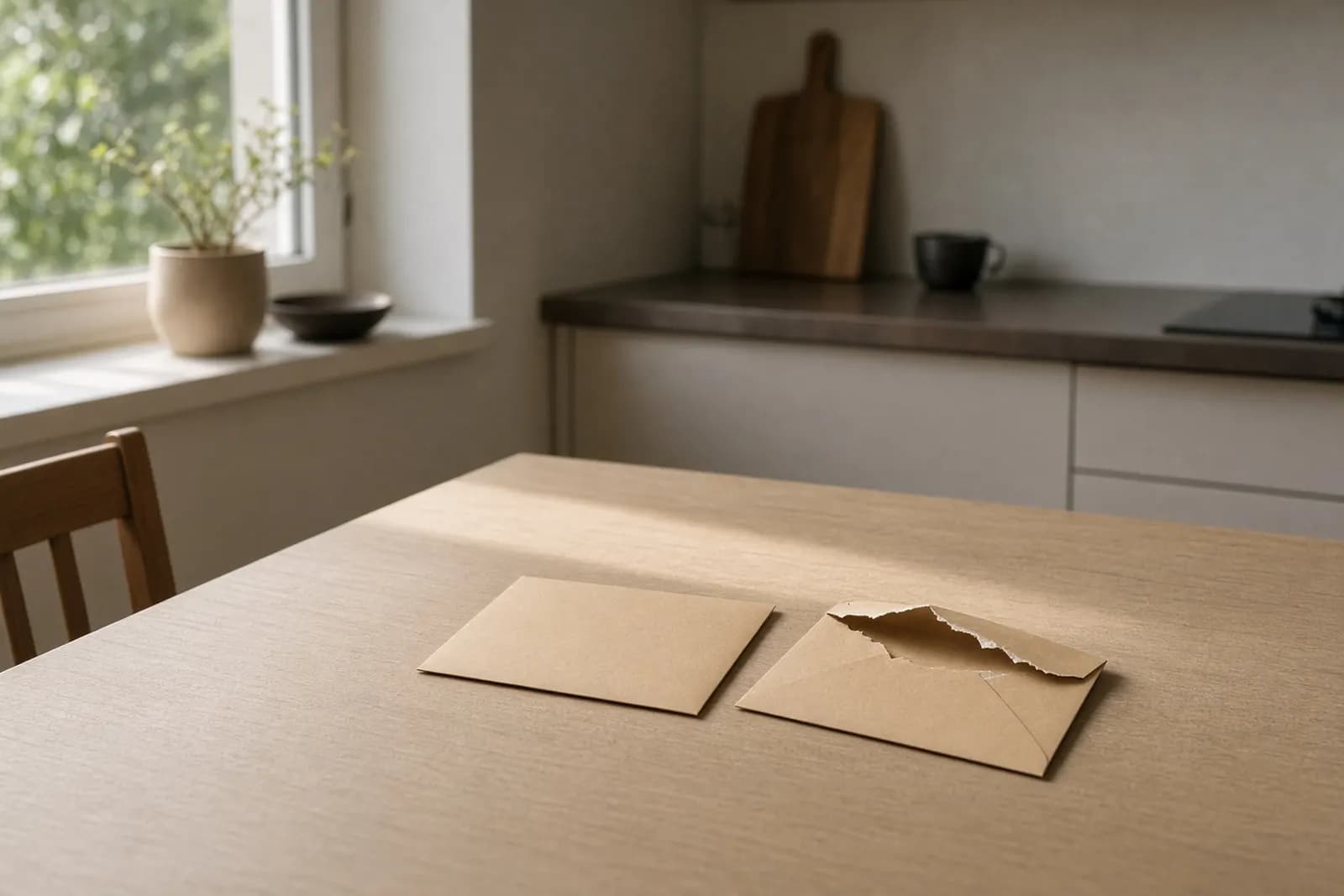 Two identical envelopes on a kitchen table, one still sealed and one already opened, late-morning light from a side window.