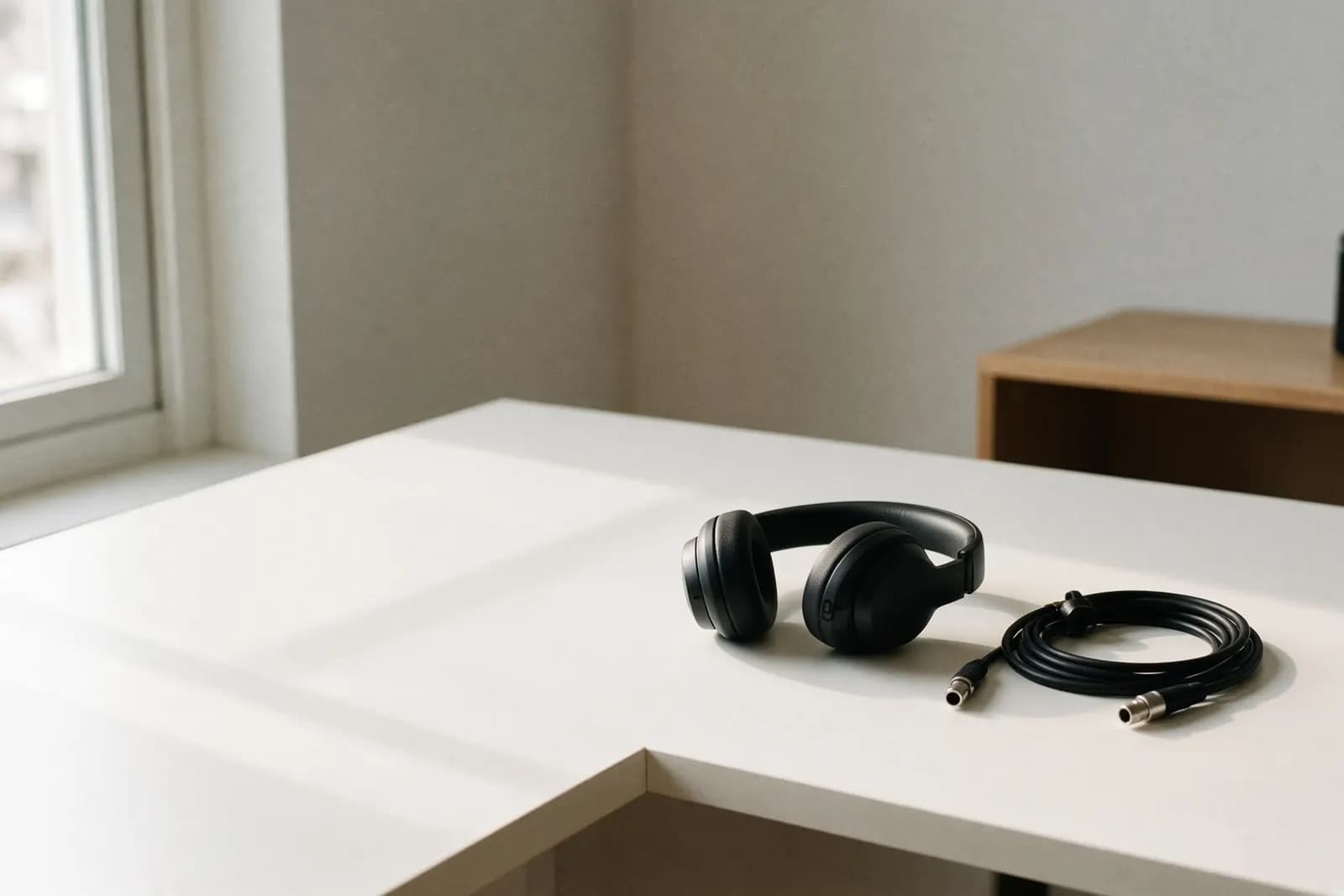 Over-ear headphones left on a white desk beside a coiled instrument cable that is not plugged in, late-morning light from a side window.