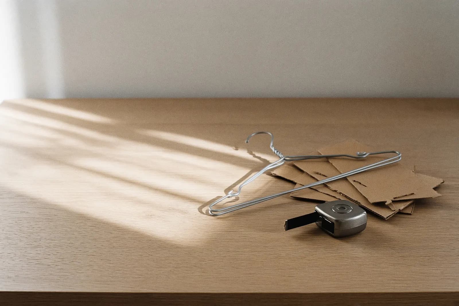 A wire shop hanger left on a table beside cardboard offcuts and a measuring tape, morning light across a bare wooden surface.