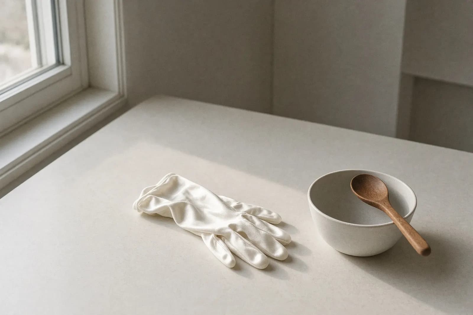 A satin evening glove left on a pale kitchen counter beside a wooden spoon resting in a mixing bowl, late-morning light from a side window.
