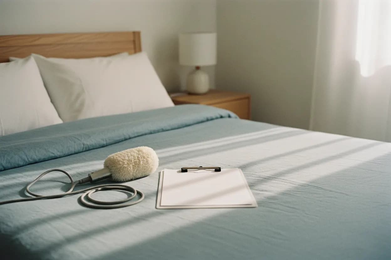 A fluffy microphone and a blank clipboard left side by side on a made bed, the cable still looped across the duvet, in soft morning light.