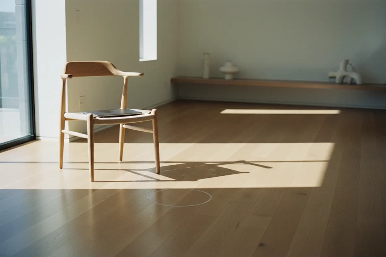 An empty chair facing a mark on the floor, a closed laptop on the seat, late-morning light from a side window across a bare wooden floor.