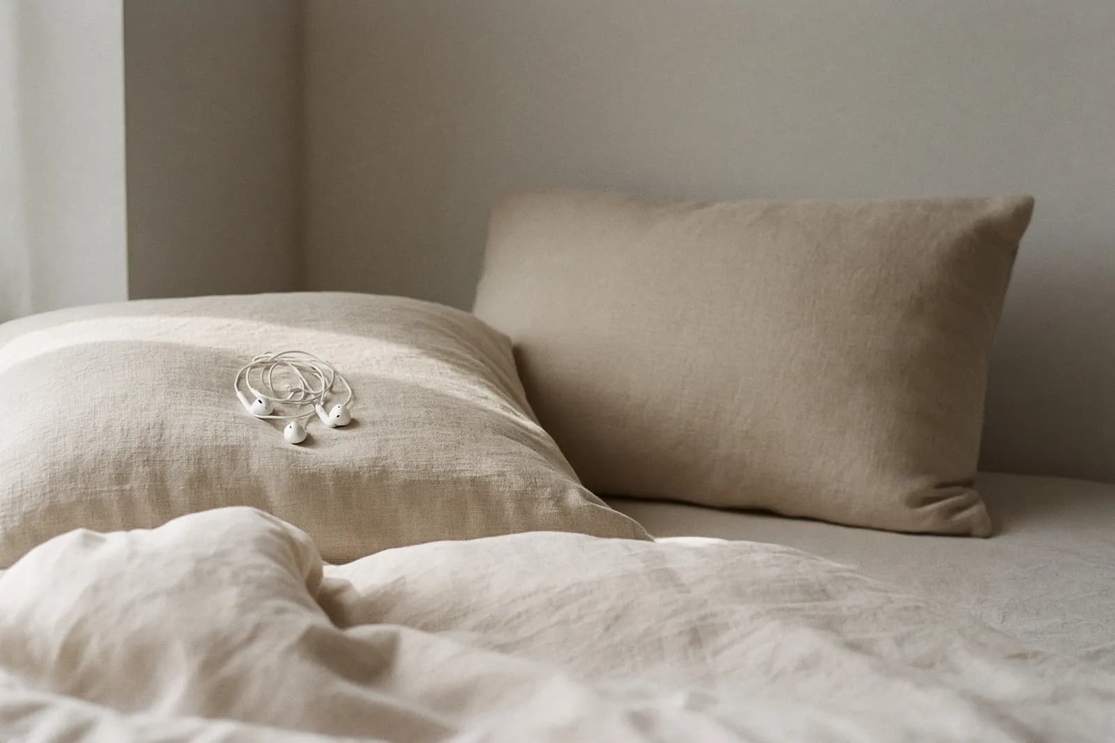 A pair of earbuds left coiled on one pillow of a made bed, the other pillow empty, in soft morning light.