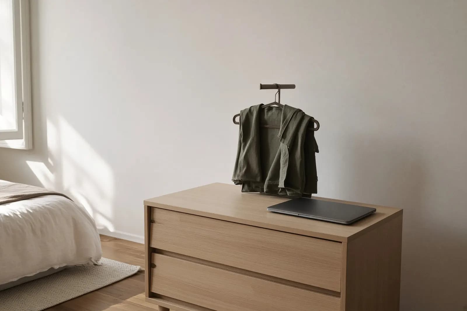 A folded costume on a hanger left beside a closed laptop on a pale dresser, late-morning light from a side window across a made bed.