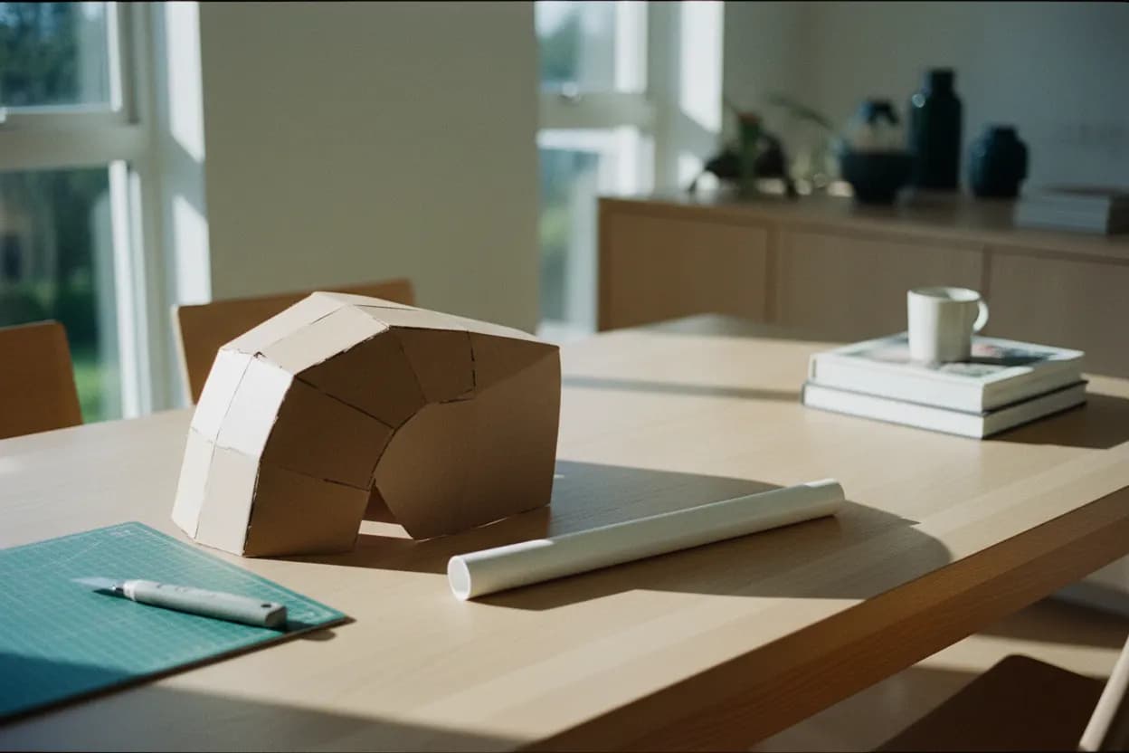 A sheet of brown cardboard scored and half-folded into the curve of a shoulder plate, a craft knife and a length of white plastic pipe beside it, on a kitchen table in morning light.