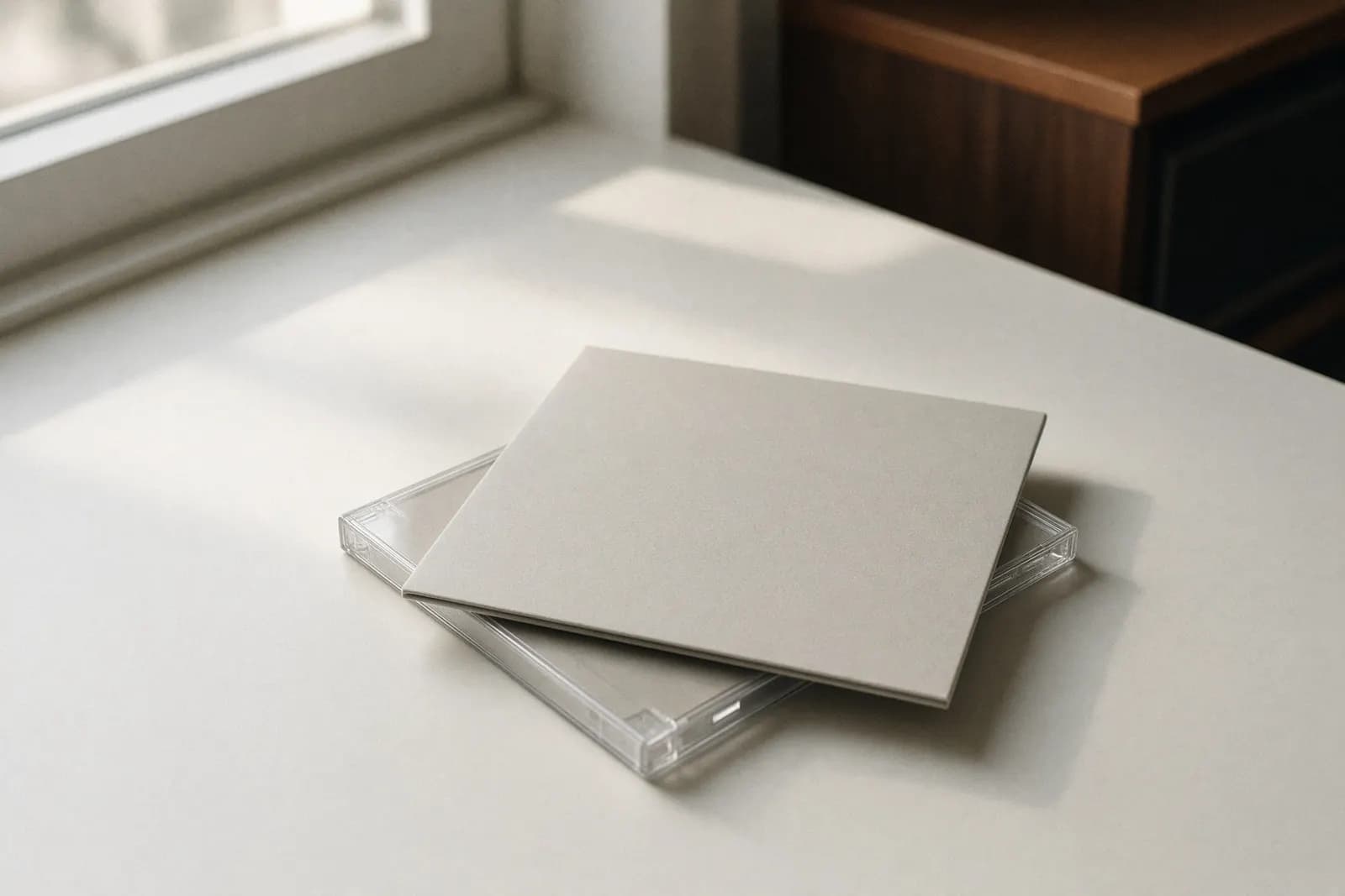 An unlabelled disc sleeve resting on a closed jewel case on a pale desk, late-morning light from a side window.