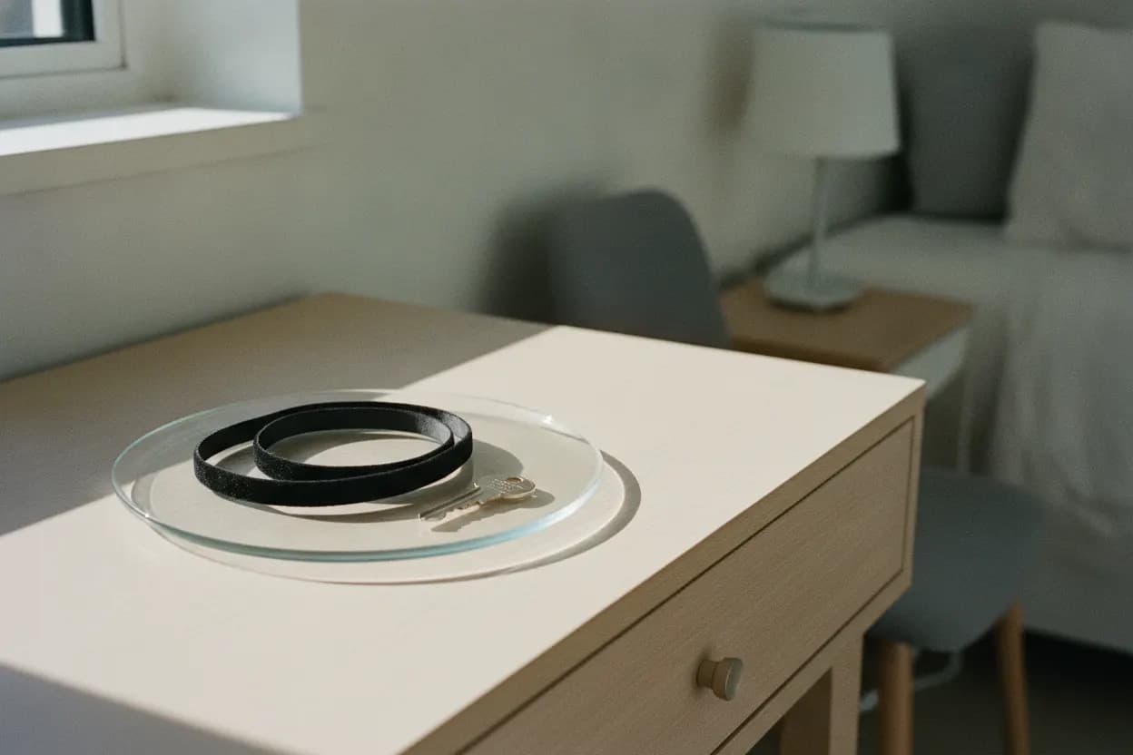A black choker coiled on a glass tray beside a single unused house key, late-morning light across a pale dressing table.