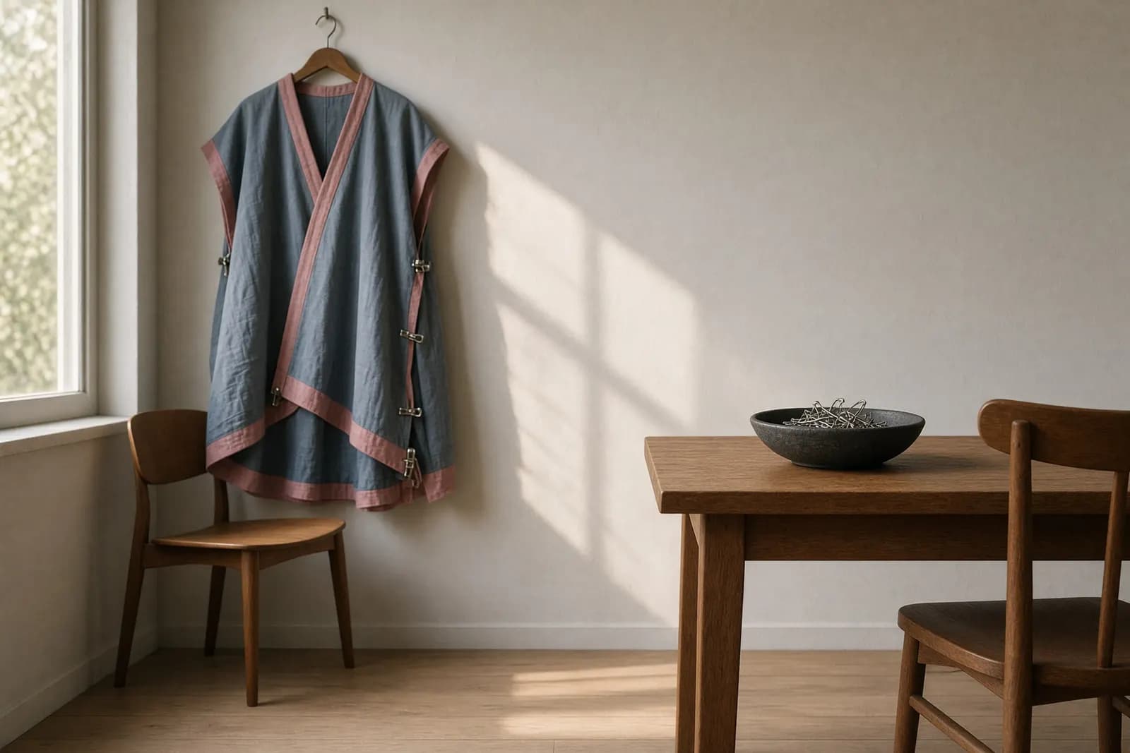A finished costume on a hanger left beside an empty chair, sewing clips still in a dish on the table in late-morning light.