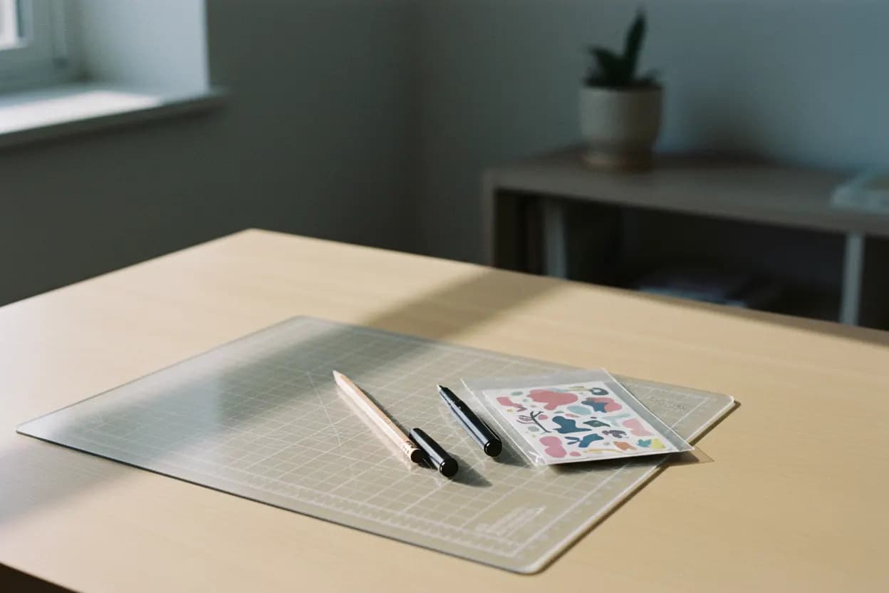 A used pencil and a fine-liner left on a cutting mat beside a still-sealed pack of printed stickers, morning light across a bare desk.