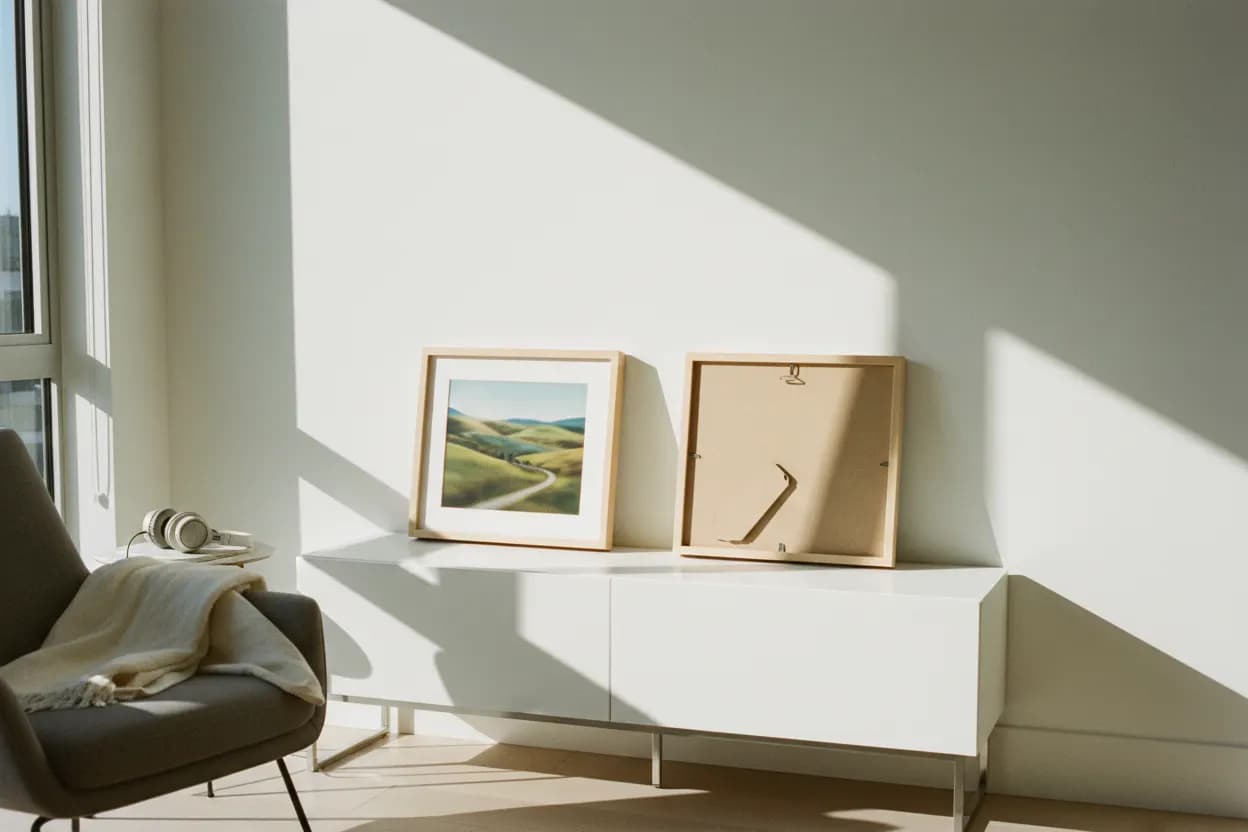 Two identical picture frames on a dresser, one facing the room and one turned to the wall, late-morning light from a side window.