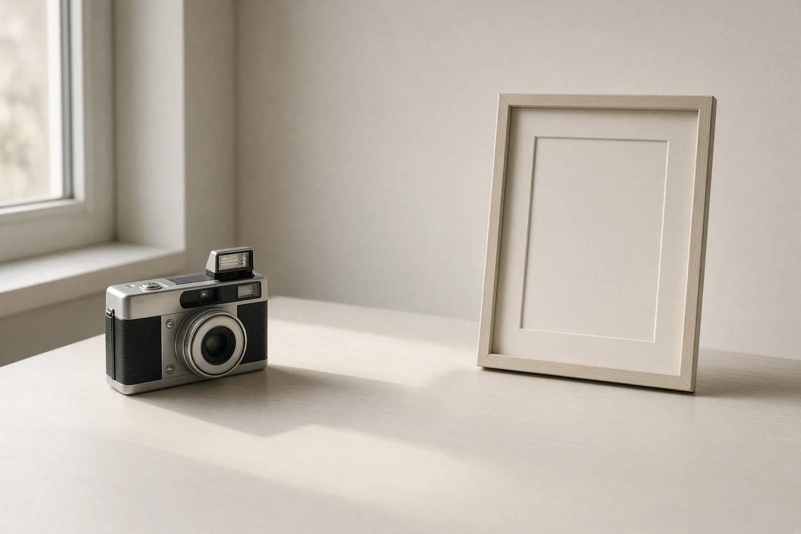 A compact camera with the flash still raised, left beside a blank photo frame on a pale table, late-morning light from a side window.