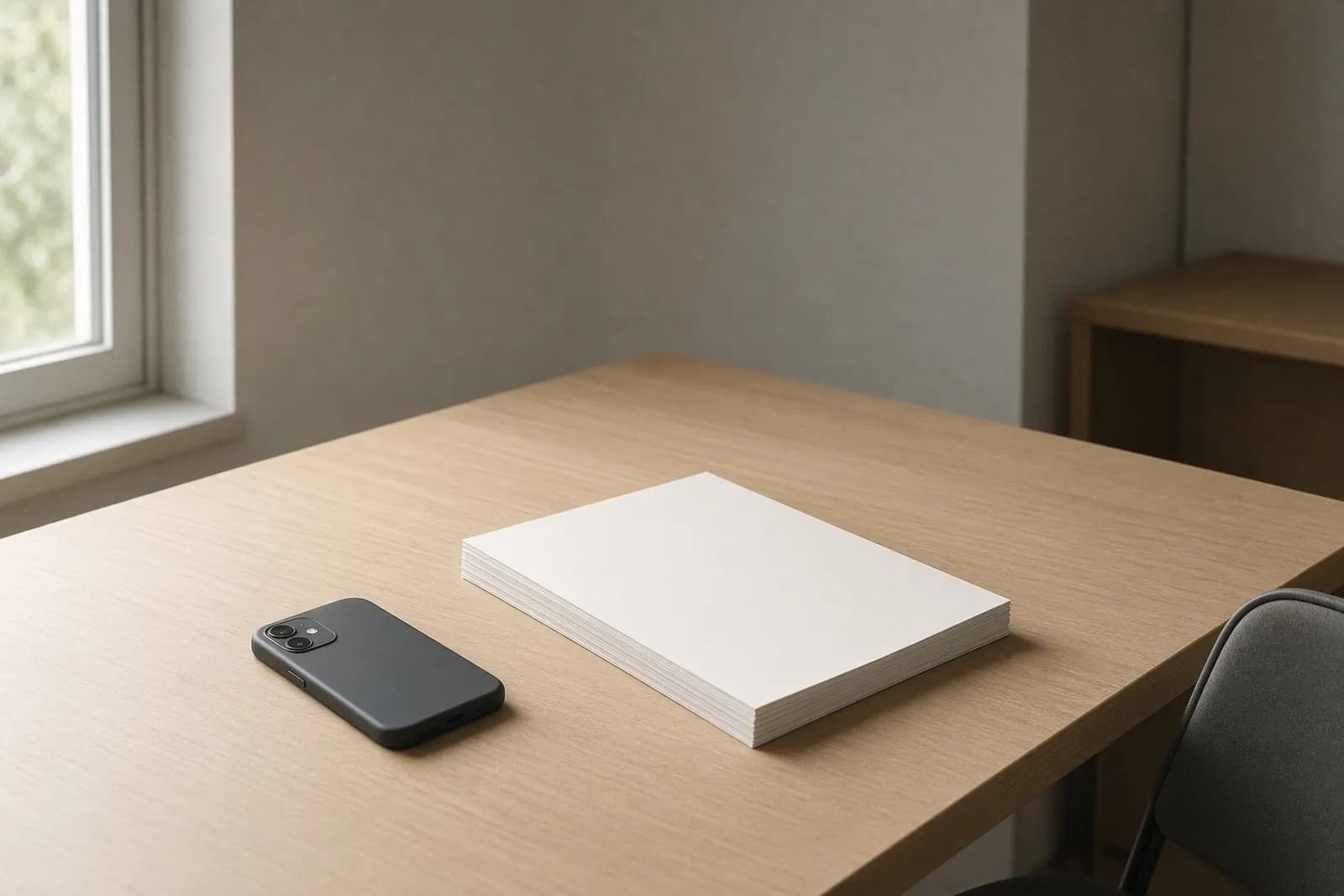 A phone left face-down on a consultation desk beside an unmarked paper chart, late-morning light from a side window.