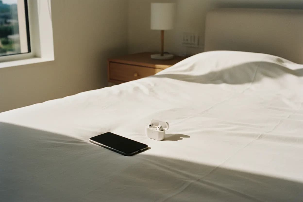 A single phone face-up on a made bed with the screen dark, an open earbud case beside it, afternoon light from one window across the duvet.