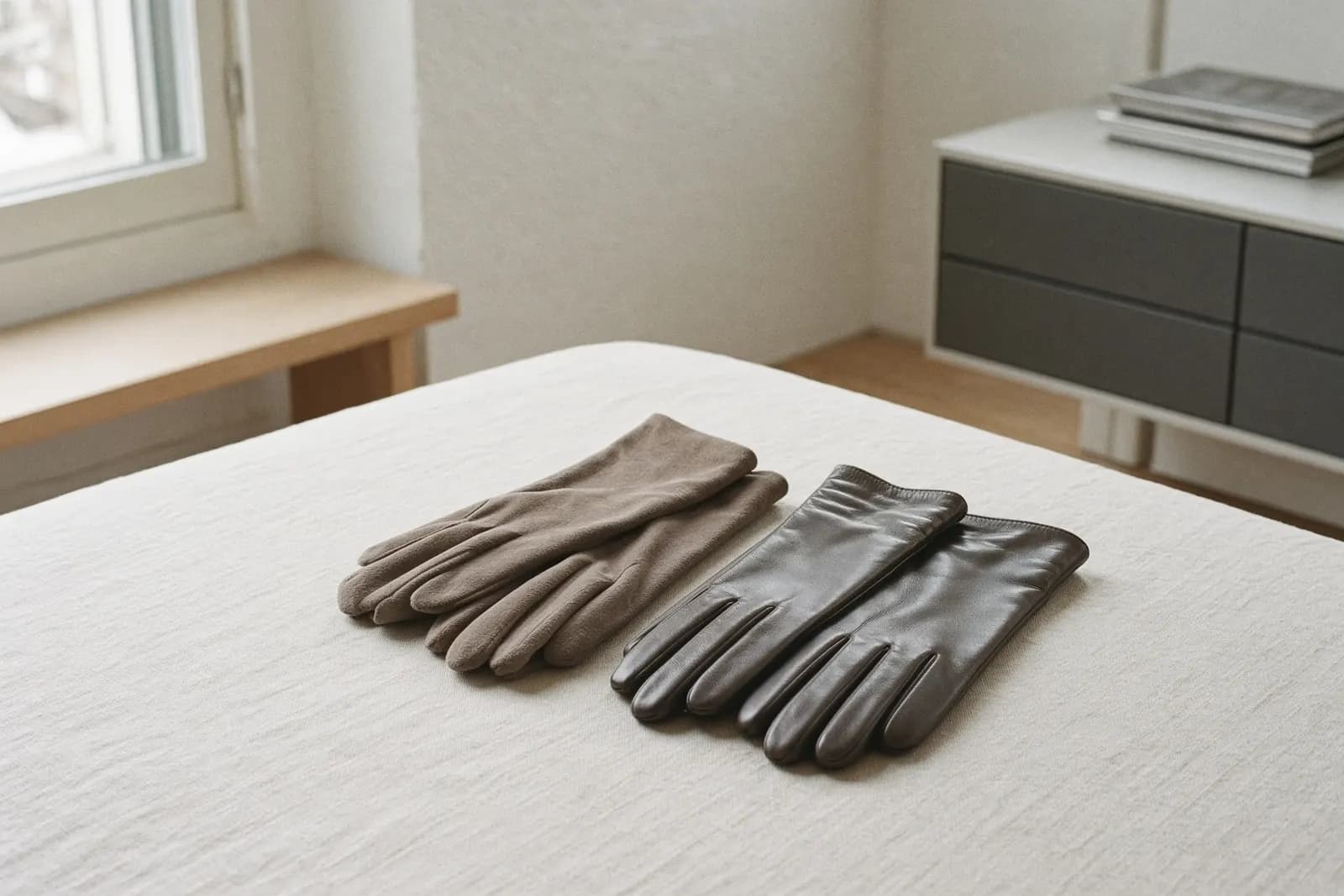 Two pairs of long gloves laid side by side on pale linen in a bright modern room — one soft matte suede, one smooth polished leather. Nothing else on the surface.