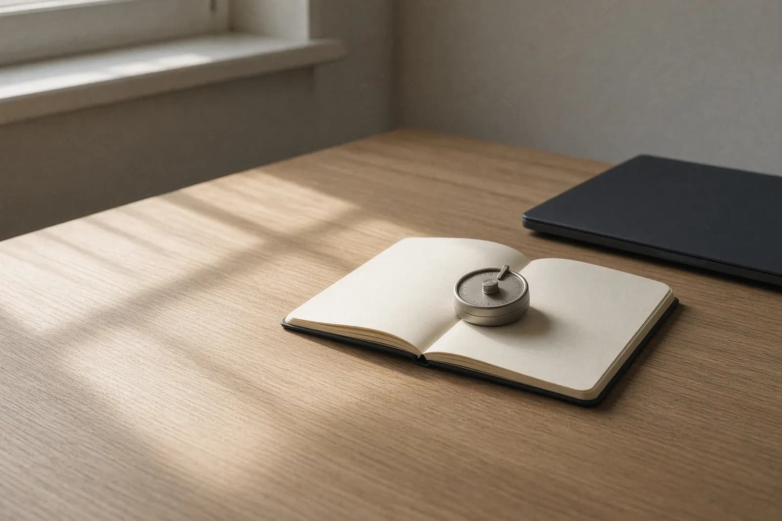 A kitchen timer left on an open notebook, a second laptop dark beside it, morning light across a cleared desk.