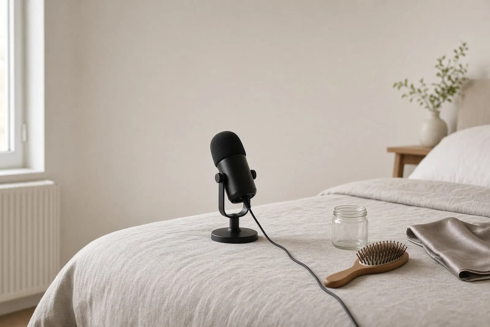 A styled ASMR setup in a bright modern bedroom: a microphone on a low stand beside a neatly made bed, its cable lying loose across the duvet, and an assortment of trigger objects — a hairbrush, a small glass jar, a folded silk square — left scattered on the covers.