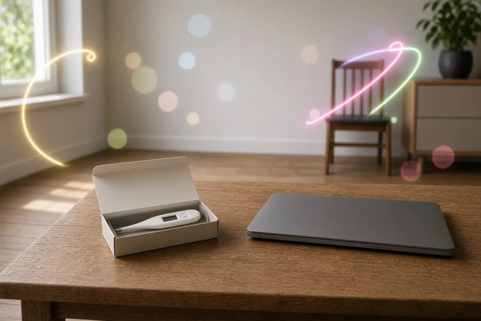 A digital thermometer in its open box left beside a closed laptop on a kitchen table, late-morning light from a side window across a bare wooden floor.