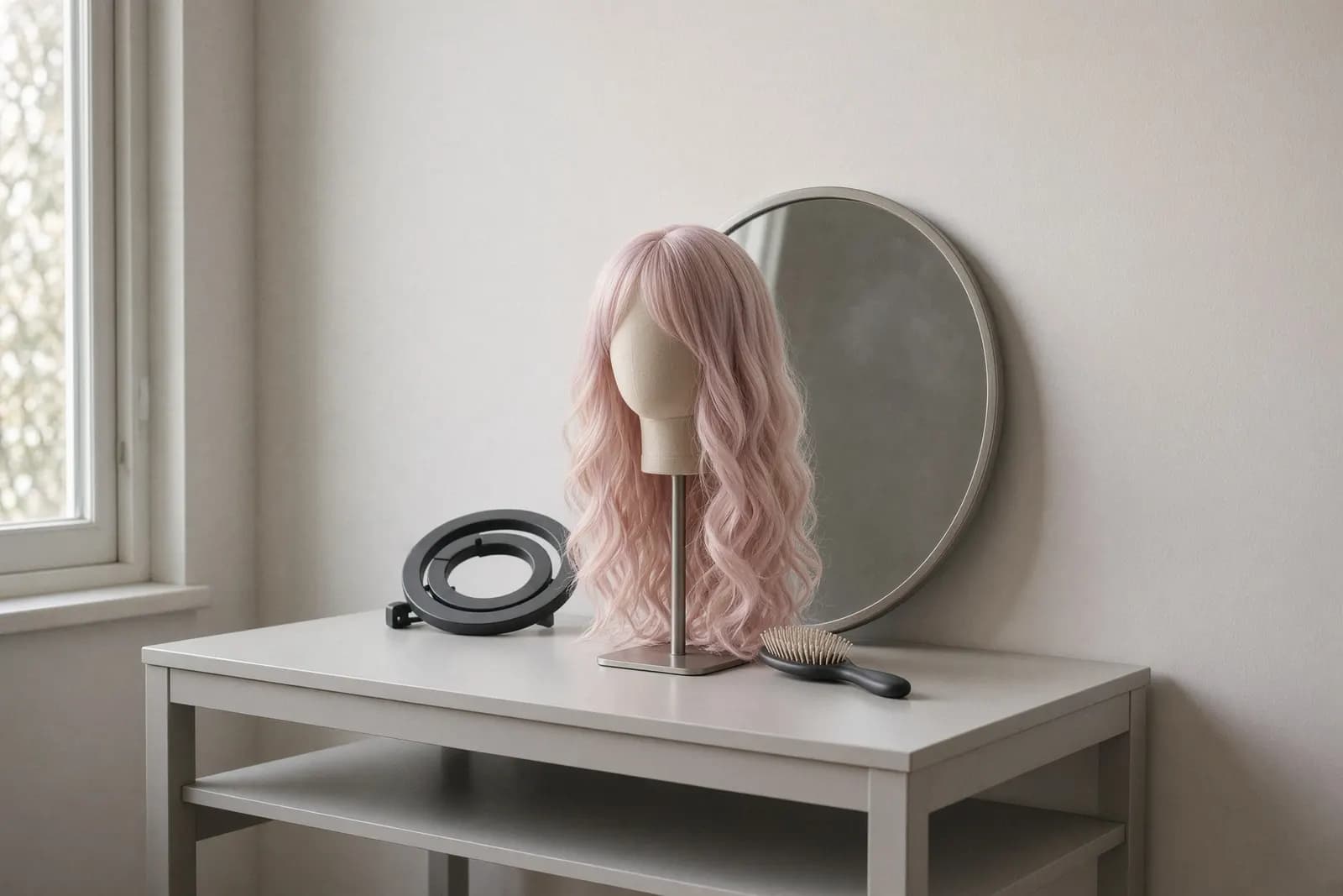 A pastel-toned wig on a clean stand on a modern dressing table in a bright room, a folded ring light and a hairbrush beside it, the round mirror lifted off its hook and leaning face-in against the wall.