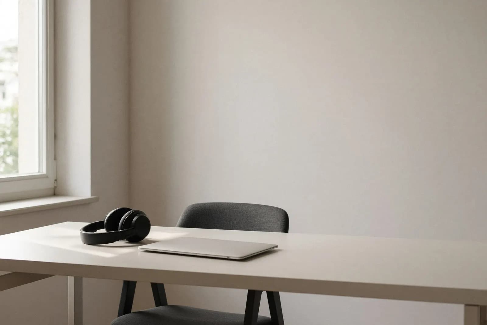 A pair of over-ear headphones left on a pale desk beside a closed laptop, the chair pushed in, late-morning light from a side window.