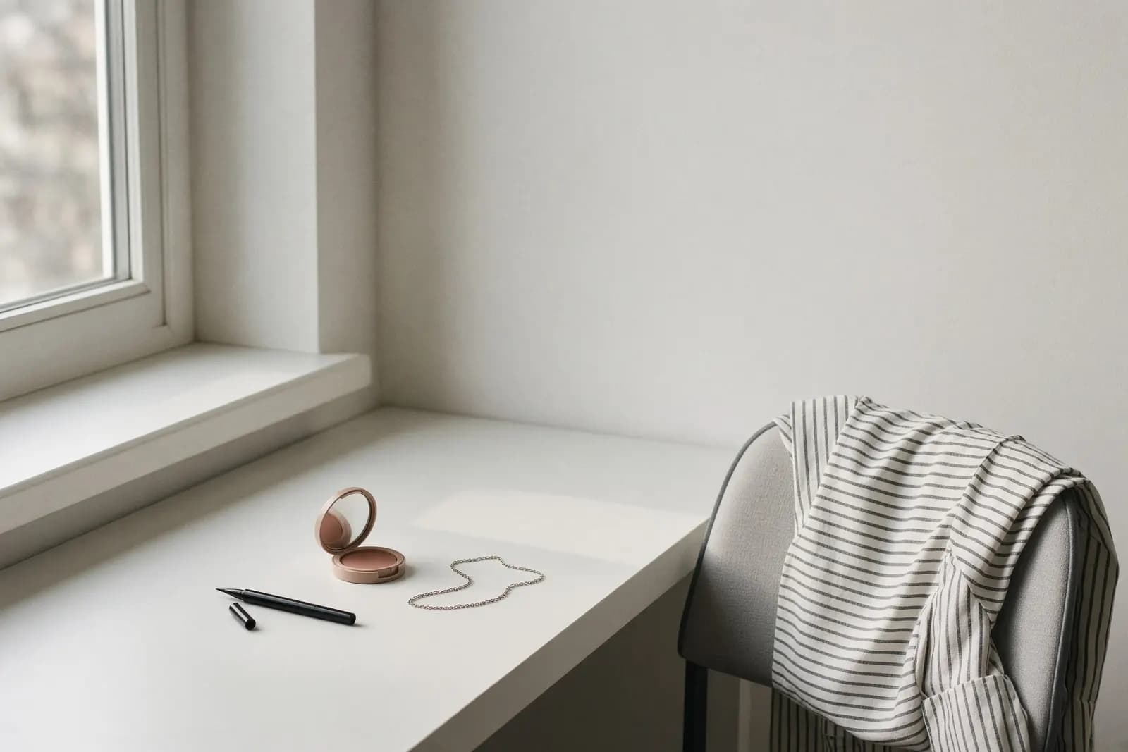 A pale modern desk under a window: an uncapped black eyeliner pen, an open blush compact, a fine chain pooled beside them, and a striped long-sleeve top folded over the back of the chair.