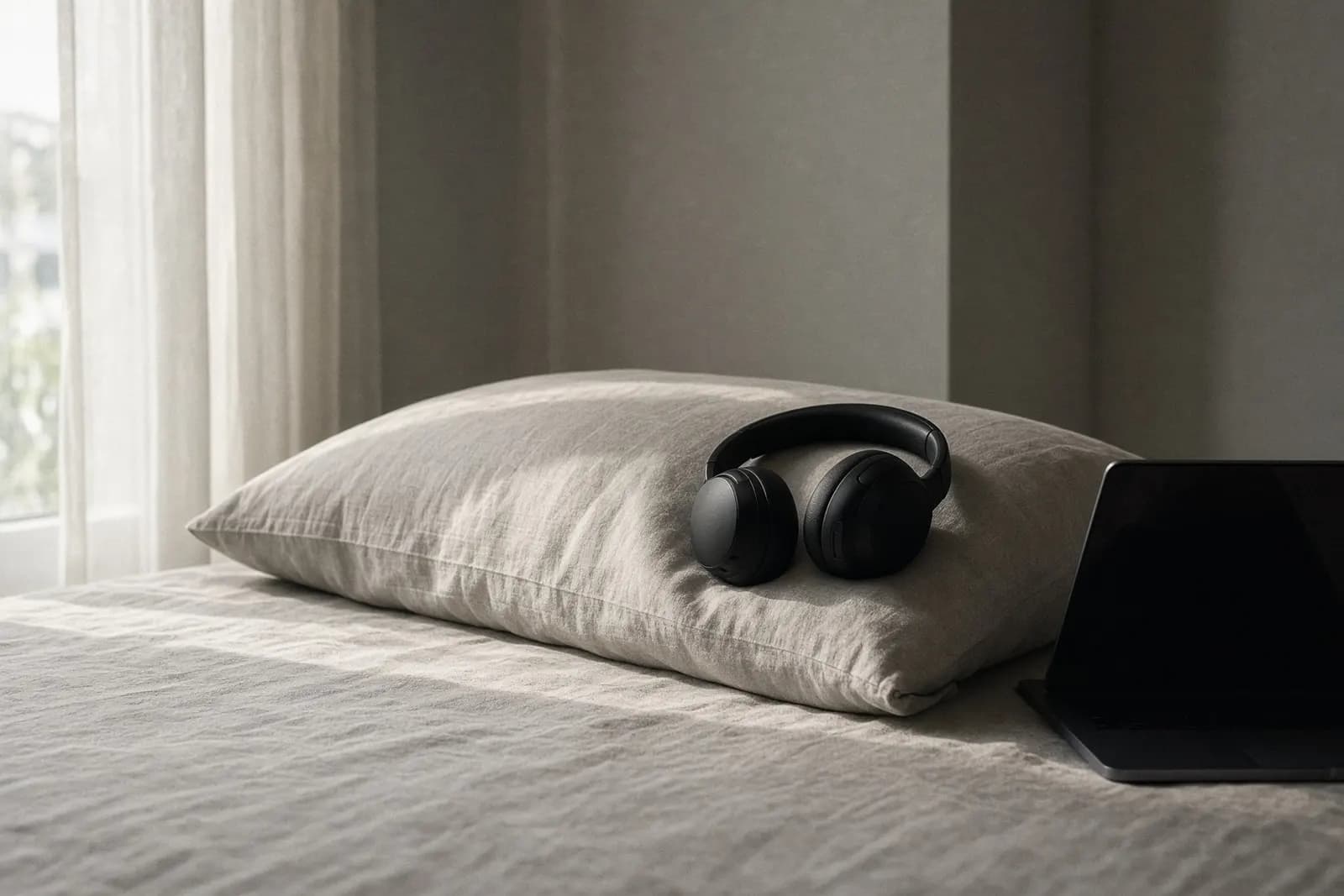 A pair of over-ear headphones left on a pillow beside a laptop that has gone dark, morning light from a side window across a made bed.