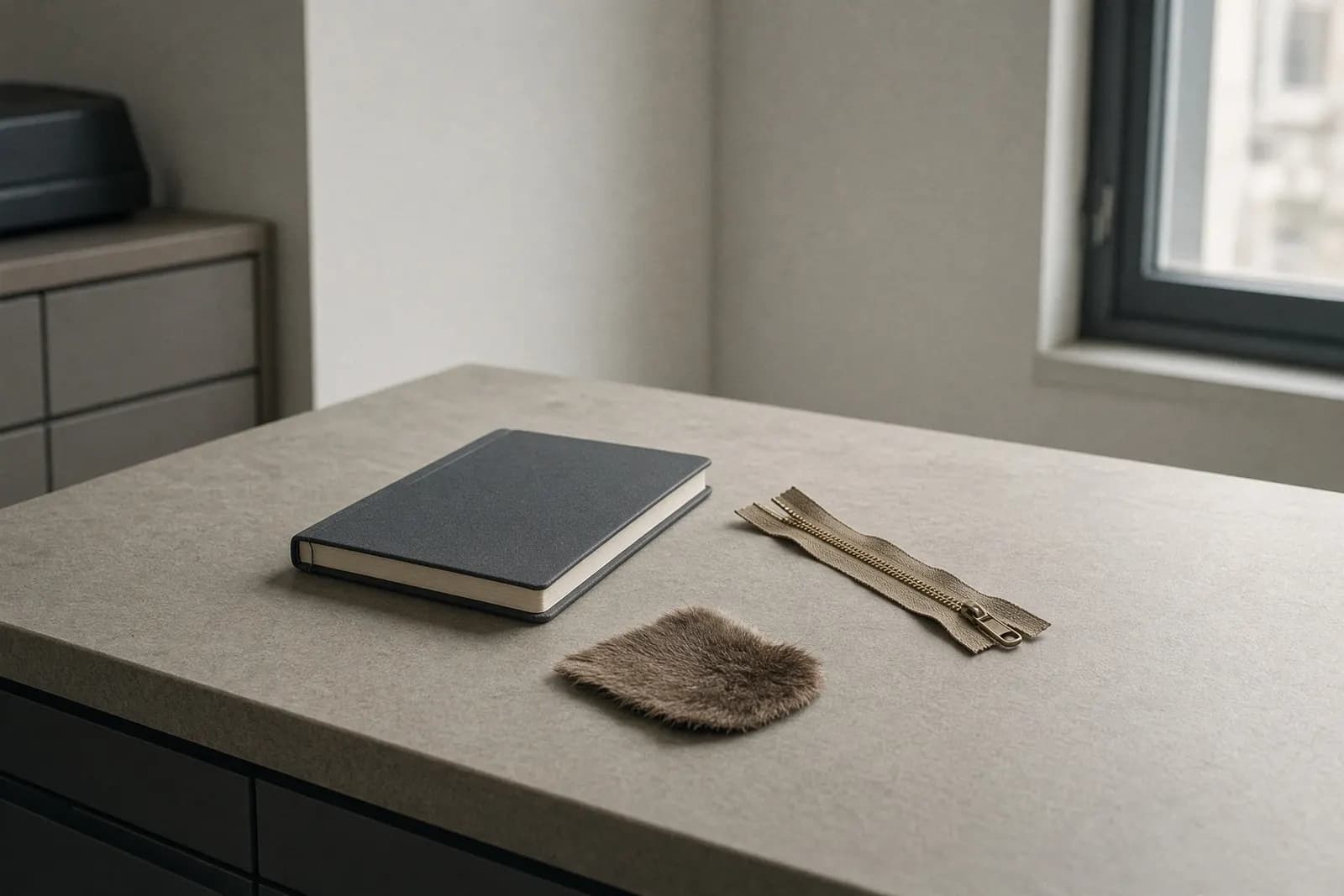 A scrap of short fur left on a cutting table beside a closed notebook and an unused zipper, late-morning light from a side window.