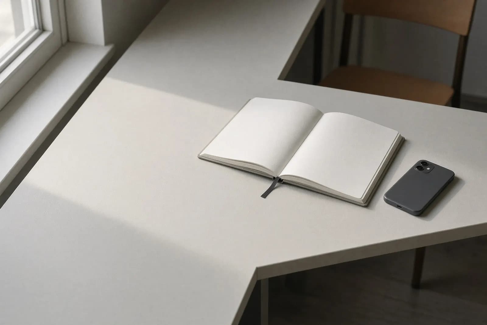 A paper visitor book left open beside a phone turned face down on a pale desk, late-morning light from a side window.
