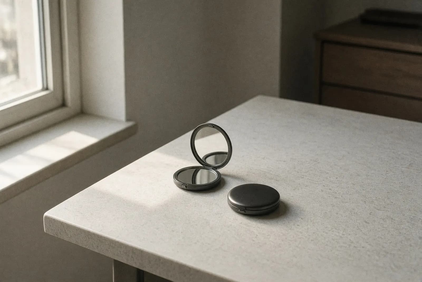 Two identical compact mirrors on a dressing table, one open and one still in its case, late-morning light from a side window.