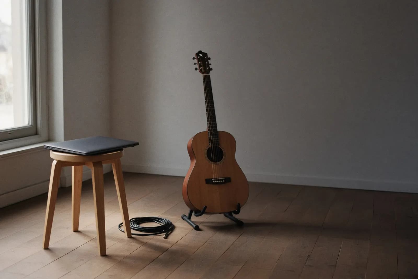 A closed laptop left on a stool beside a guitar on its stand, a cable coiled on the floor, in soft morning light.