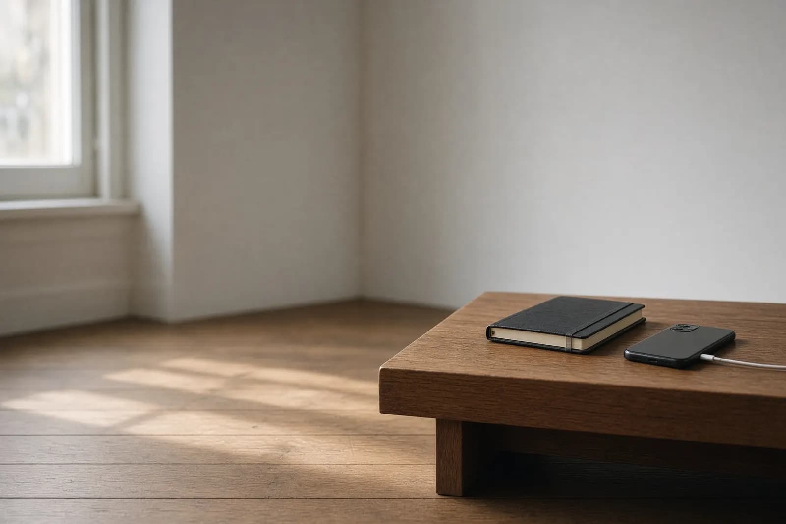 A closed script left beside a phone charging face-down on a nightstand, late-morning light from a side window across a bare wooden floor.