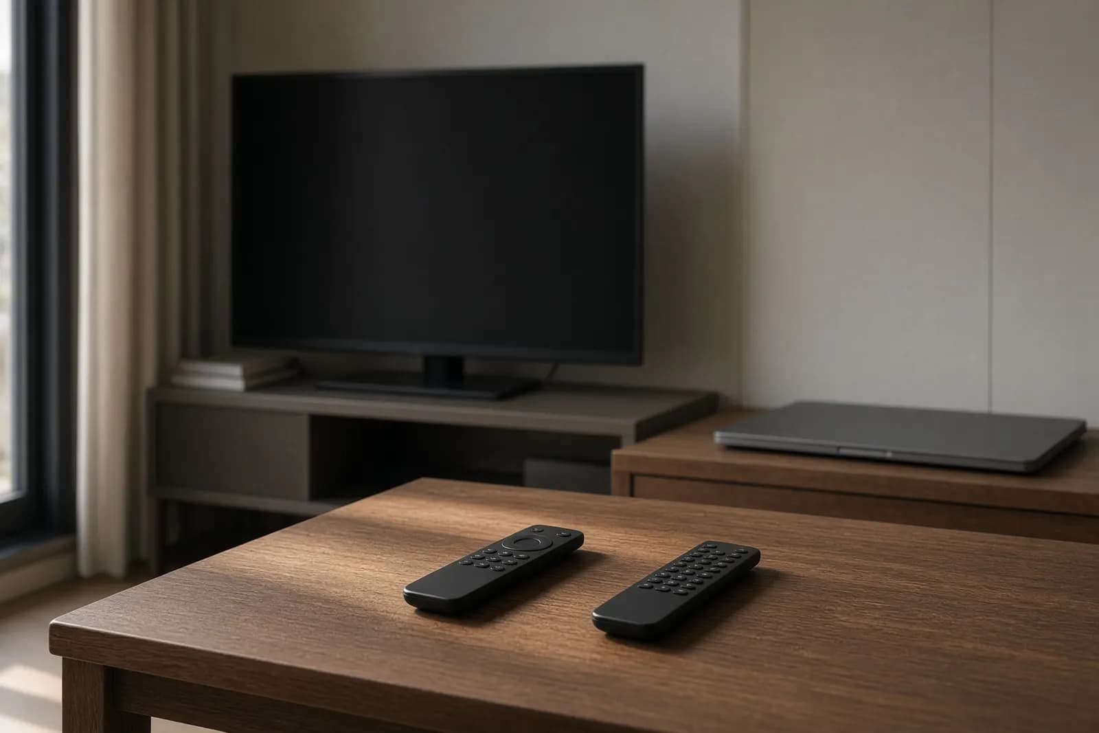 Two identical remote controls left on a coffee table, one facing a dark television and one facing a closed laptop, late-morning light from a side window.
