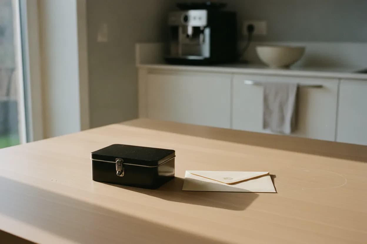 A closed cash tin left beside an unopened envelope on a kitchen table, late-morning light from a side window.